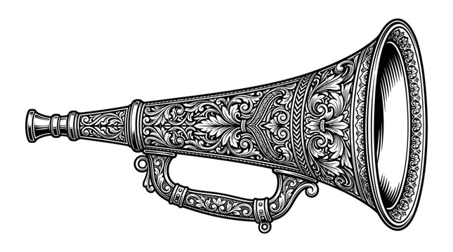 Antique ornate trumpet engraving on white background.