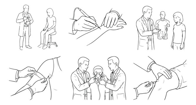 Medical procedure line art icons, doctor and patient consultation sketches, set of 6 healthcare vector illustrations for clinical manuals