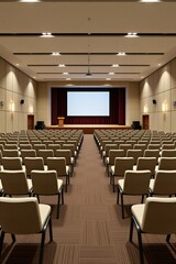 Fototapeta premium Modern conference hall with rows of empty beige chairs facing a stage and blank screen. This pro venue is set for a business meeting or presentation.