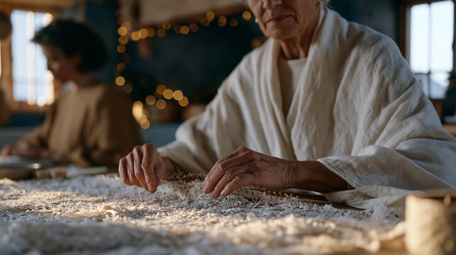 Lacework artisan in modest home works at kitchen table beside another person using body doubling technique, close view of delicate hands guiding thread through bobbin pins, second