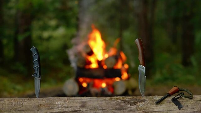 Bushcraft survival fixed blade knives displayed near cozy campfire with crackling audio soundscape. Seamless loop background for outdoor tactical gear review, wilderness survival knife, camping.