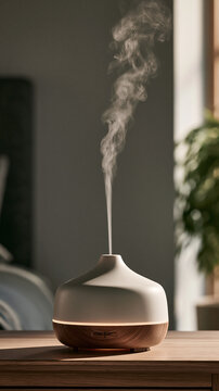 Aromatherapy Diffuser with Gentle Mist: A minimalist aromatherapy diffuser releases a delicate wispy mist, creating a tranquil ambiance on a wooden surface.