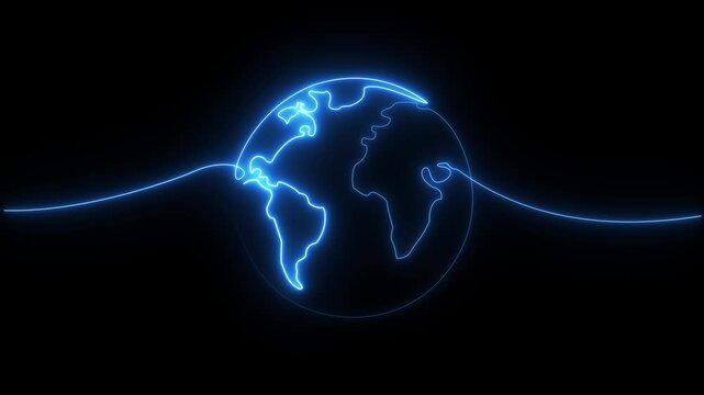 glowing neon blue World map animation shows a single line drawing animating a world globe outline.Motion graphics of concept black background. 4k video
