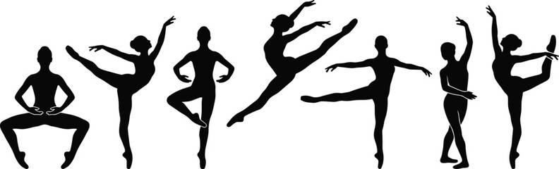 Set of black silhouettes of ballet dancers showing graceful poses and dance movements © uzzala