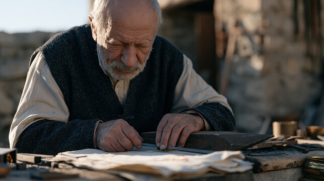 Georgian master goldsmith in golden afternoon light bends over a flame-heated bench, drawing fine wire through a drawplate with weathered hands, sweat forming at his temple as he