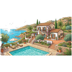 Fototapeta premium Mediterranean Villa With Pool vector illustration print