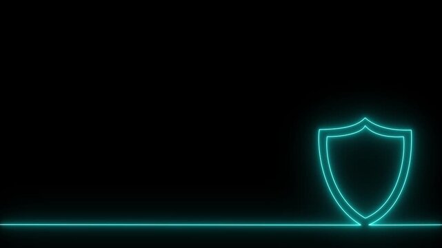 Glowing Cyber Security Shield Neon Frame on Dark Background with Copy Space, Digital Data Protection, Network Defense, Privacy and Secure Technology Banner