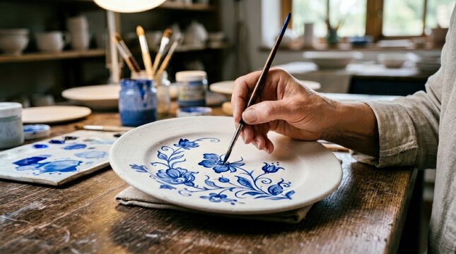 Hand Painting Blue Floral Design on Ceramic Plate