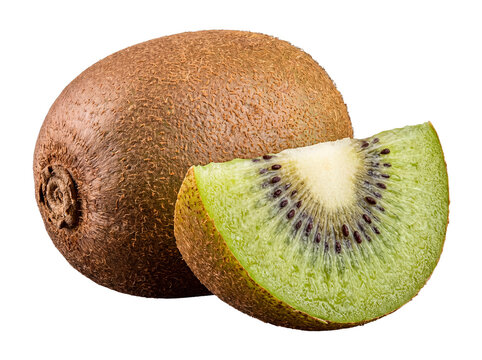 Whole kiwi fruit with a single vibrant, perfectly sliced piece.