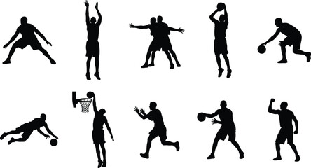 Set of black silhouettes of basketball players showing shooting, dunking, dribbling, and game actions © uzzala