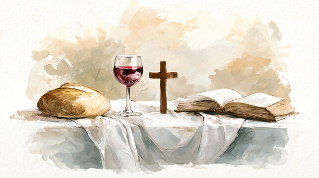 A loaf of bread sits beside a glass of red wine and an open book on a white tablecloth. A brown cross stands in the center against a soft background