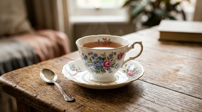 Charming Floral Teacup with Steaming Tea on Wooden Table