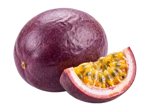 Whole exotic passion fruit beside a bright quarter slice, revealing its sweet, golden pulp and dark seeds.