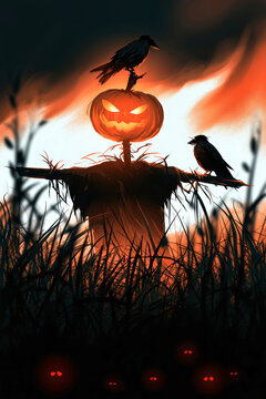 A scarecrow with a carved pumpkin head stands in a dark field. Crows are perched on its shoulders as red eyes glow in the background during Halloween night