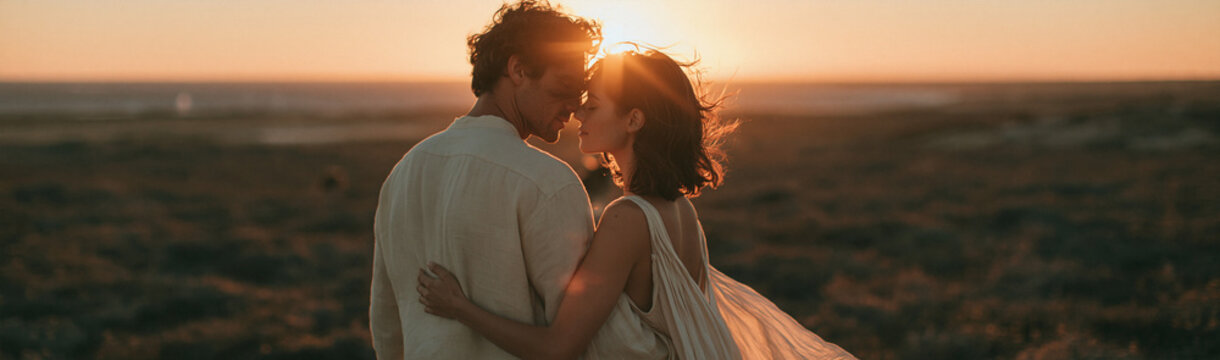 Romantic Sunset Embrace: A loving couple shares a tender moment, silhouetted against a breathtaking sunset, their embrace filled with unspoken emotion.