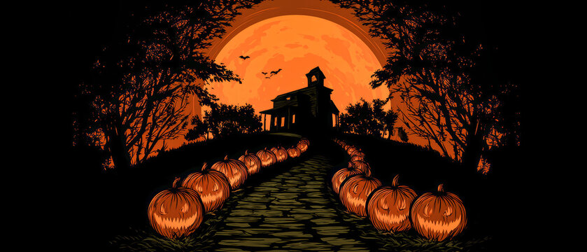 A path leads up to a castle at night. The sky is filled with a large orange moon and bats. Pumpkins line the way with carved faces