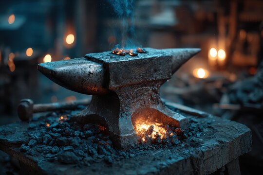 Old blacksmith anvil with glowing fire coals in rustic forge workshop