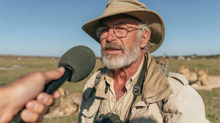 Fototapeta premium Expert Interview in the Savanna: A seasoned wildlife biologist, wearing a khaki hat and safari attire, is interviewed by a reporter with a microphone.