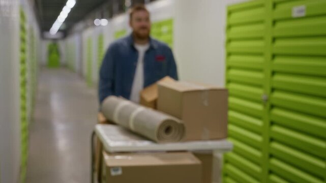 Caucasian young adult man pushing cart with cardboard boxes in blurred self storage facility corridor. Footage is ideal for relocation services, moving companies, and storage unit advertisements