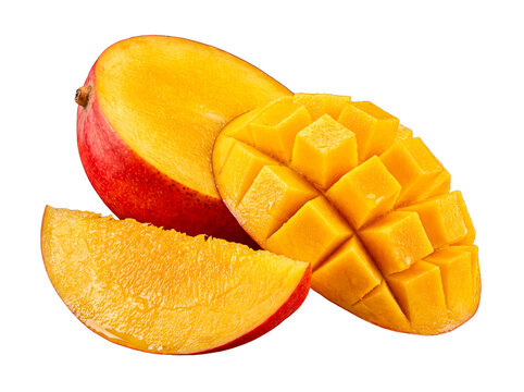 Fresh tropical mango fruit, whole, half, and sliced, vibrant and juicy, isolated on transparent background.