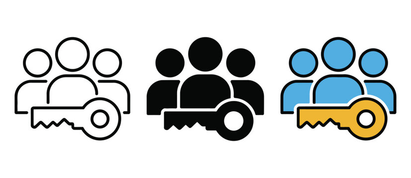 Team access key icon featuring person group, authentication, user permission and secure access control symbols in vector style
