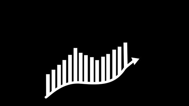 Abstract Business Growth Bar Chart with Upward Arrow, Financial Analytics, Revenue Growth, Market Performance and Investment Success Icon on Black Background