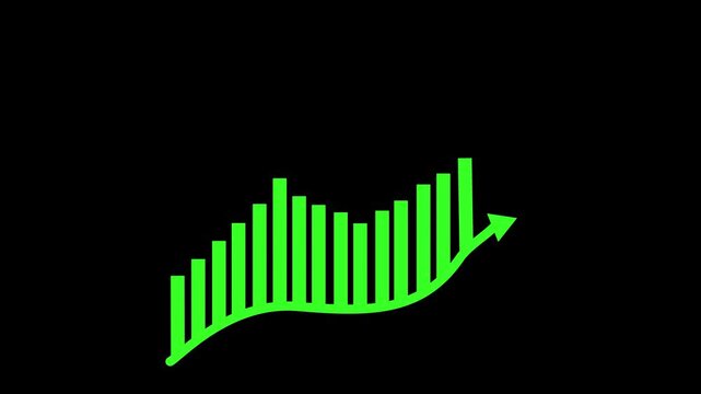 Abstract Business Growth Bar Chart with Upward Arrow, Financial Analytics, Revenue Growth, Market Performance and Investment Success Icon on Black Background