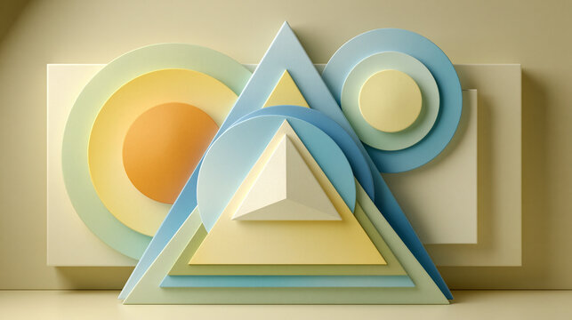 Minimal abstract geometric composition with layered circles, triangles, and squares, soft pastel gradients, clean modern layout, subtle shadows, premium stock background with generous copy space,