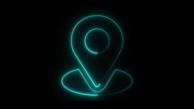 glowing neon location icon map pin animation Motion graphics of concept black background. 4k video