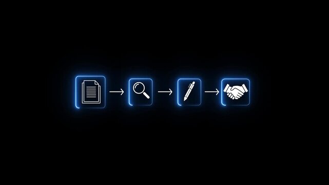 Document Review, Verification, Approval and Contract Signing Workflow Process with Neon Business Icons &ndash; Digital Procurement and Agreement Management Concept animation