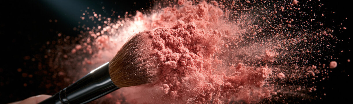 Explosion of Blush: A makeup brush captured mid-action, scattering a cloud of vibrant pink powder against a dark background, showcasing a dramatic burst of color.