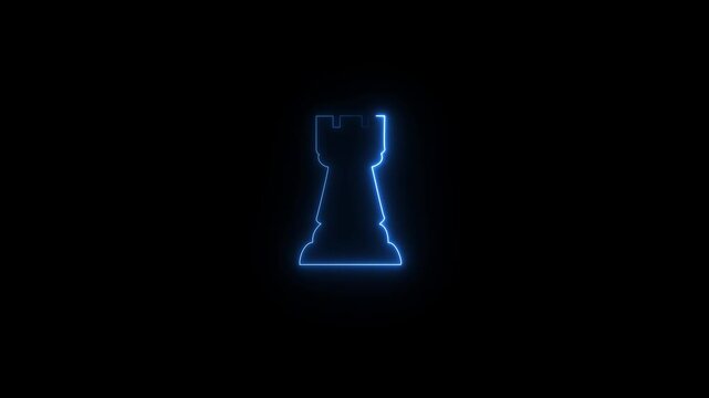 Glowing Neon Rook Chess Piece Icon Animation, Blue Castle Tower Strategy Symbol, Chess Game Defense Concept, Futuristic Loop Motion Graphic