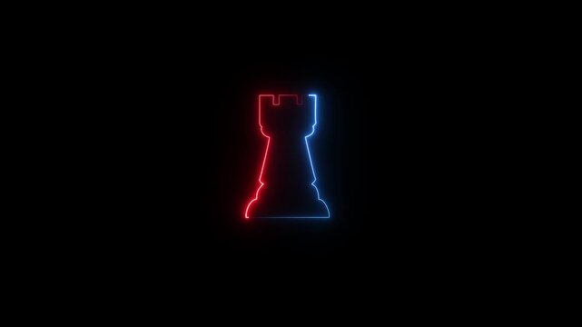 Glowing Neon Rook Chess Piece Icon Animation, Blue Castle Tower Strategy Symbol, Chess Game Defense Concept, Futuristic Loop Motion Graphic