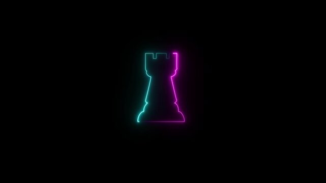 Glowing Neon Rook Chess Piece Icon Animation, Blue Castle Tower Strategy Symbol, Chess Game Defense Concept, Futuristic Loop Motion Graphic