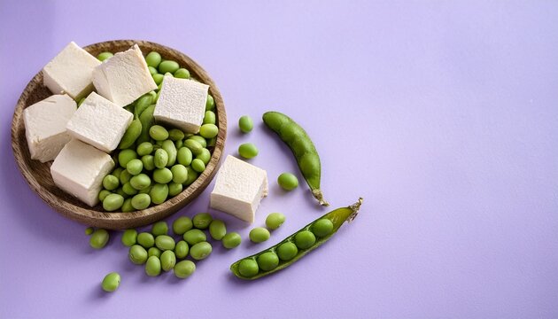 Edamame Beans And Tofu Cubes On Pastel Lavender Background Phytoestrogens Soy Isoflavones For Hormonal Balance