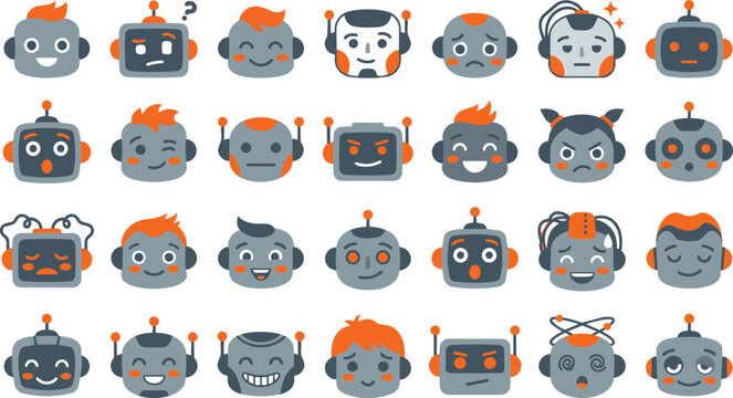 Collection of cute robot head emojis with various facial expressions