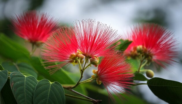 Red Calliandra Flowers In Florida Nature Closeup
