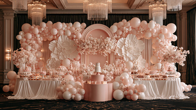 Pastel Dreams Birthday Setup: A lavish celebration backdrop adorned with delicate pink balloons, floral accents, and a tiered cake, creating a whimsical and elegant setting for a special event.