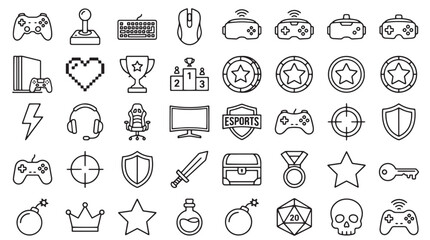 Video game line icons set, 40 gaming elements vector collection, esports and gaming equipment symbols, black and white gamer interface graphics © eesha