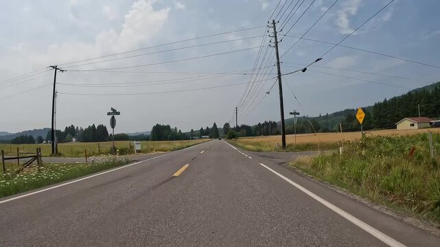4K smooth stabilized action camera footage driving along scenic rural countryside roads in Washington, USA through evergreen forests, open fields and quiet residential farmland from a driver's p.o.v