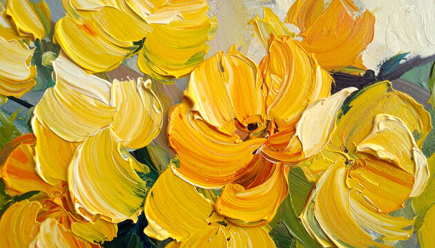 Abstract hand-drawn oil painting of beautiful yellow flowers, expressive layered brushstrokes, rich painterly texture, soft organic petals and flowing floral forms, delicate natural colors.