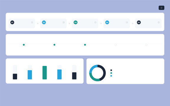 Minimalist dashboard UI wireframe design set with circular buttons, menu interface and bar chart visualization options on pastel background for web app concept mockup