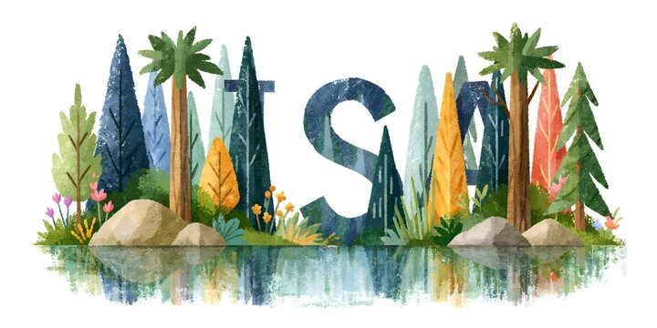 Textured illustration of pine and palm trees forming decorative letters beside a reflective lake with wildflowers and rocks