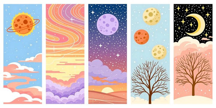 Five vertical sky panels showing sun sunset night sky moons and stars in soft pastel gradients for seasonal or weather themed design