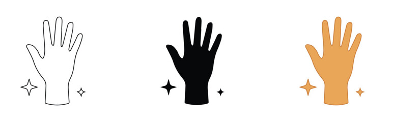 Minimalist hand icons with sparkle stars, clean human palm vector set in outline and silhouette styles, magic touch and hygiene concept graphics © Farah-Studio