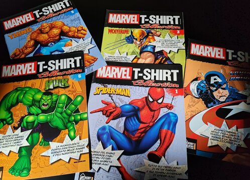 Rome, Italy - July 16, 2026, inserts from Hobby and Work Editrice Italiana on superheroes, characters created by the publishing house Marvel, with Spider-Man, placed at the center.