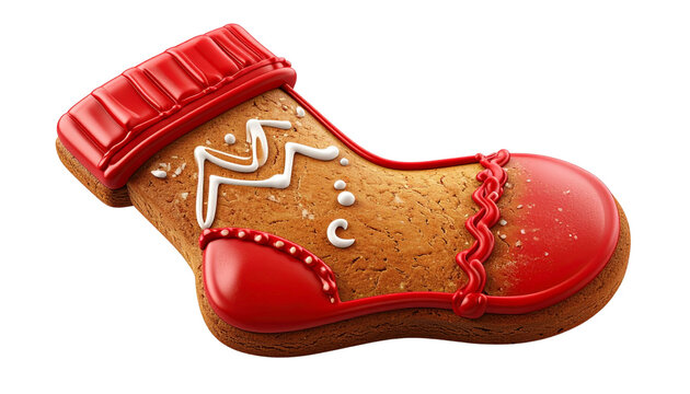 gingerbread Christmas stocking cookie with red icing, isolated on transparent background, PNG