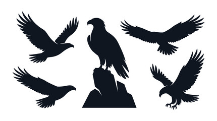 Fototapeta premium Eagle silhouettes in flight and perched black on white background