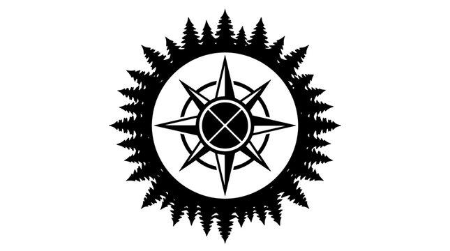 Minimalist compass pine forest vector silhouette set. Circular navigation emblem with coniferous trees and star shaped directional marker perfect for outdoor adventure branding, apparel, and logos.