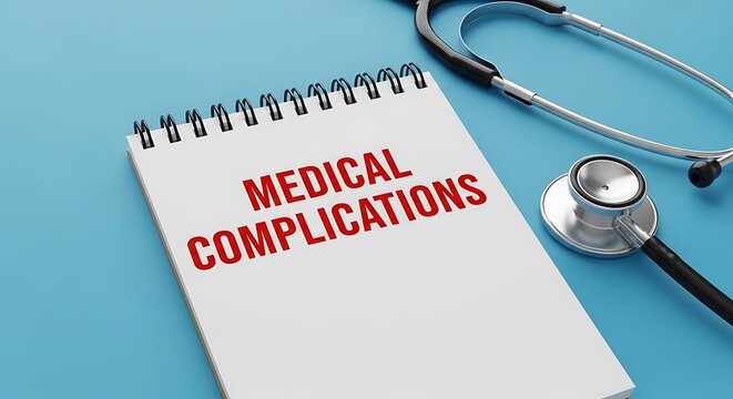 A spiral notebook with "MEDICAL COMPLICATIONS" and a stethoscope on a light blue surface